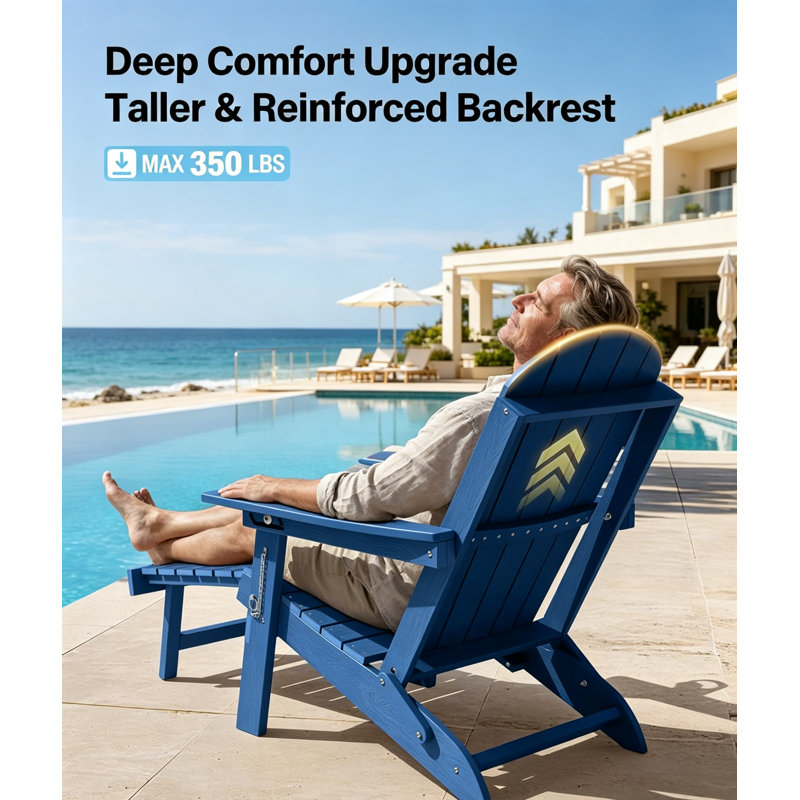 All Weather Outdoor Folding Adirondack Chairs With Ottoman And Adjustable Backrest & 1 Cup Holders, Dark Blue