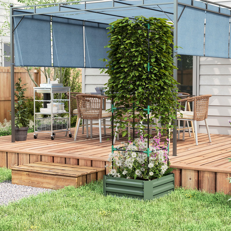 Boîte à fleurs surélevée galvanisée de 24 po x 24 po x 11,88 po avec treillis pour vignes, extérieur, cour arrière, pot de jardin, support à tomates