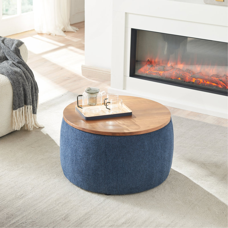 Round Storage Ottoman, 2 In 1 Function, Work As End Table And Ottoman (Only One Ottoman), Navy