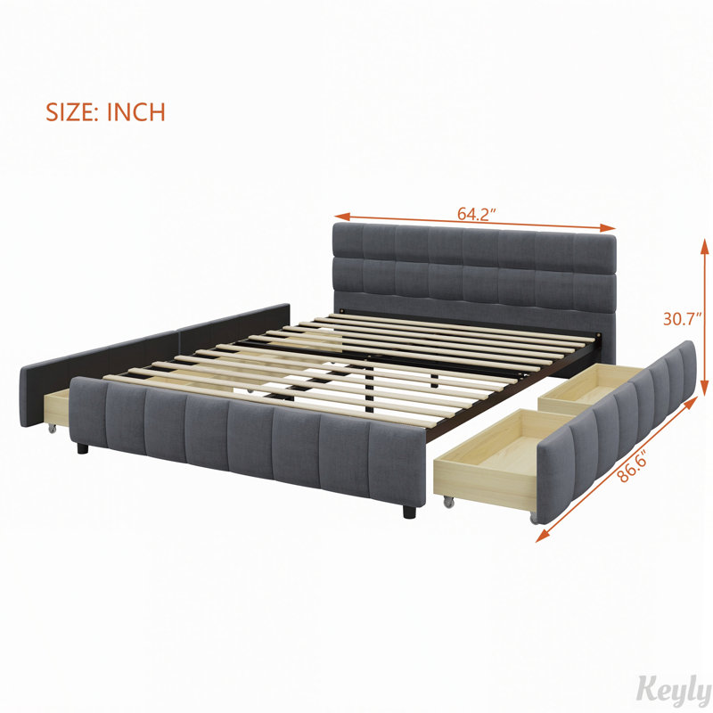 Lit plateforme capitonné avec 4 tiroirs de rangement et tête de lit à motif quadrillé, Beige