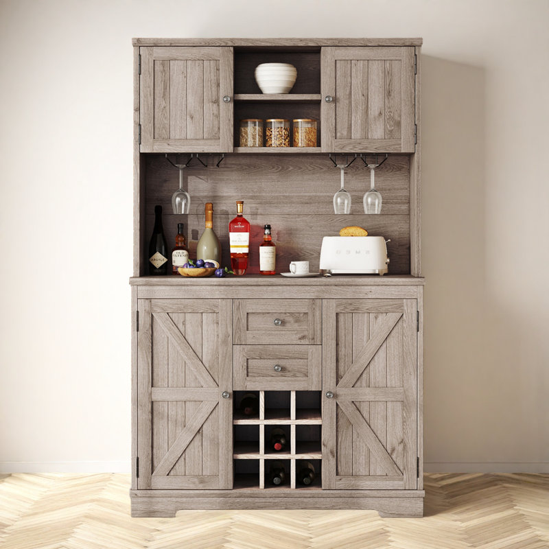Farmhouse Coffee & Wine Bar Cabinet with Storage, Drawers, Shelves & Glass Racks for Kitchen & Dining Room, Brown Oak