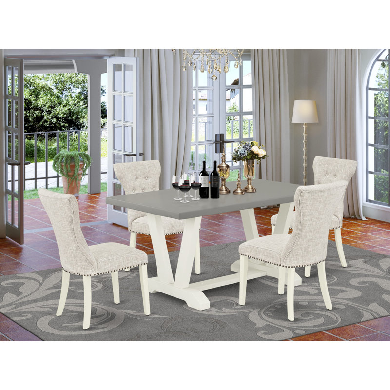 L'ensemble de table de salle à manger 5 pièces comprend une table de salle à manger en ciment et 4 chaises rembourrées en tissu de lin avec dossier capitonné - Lin brossé blanc