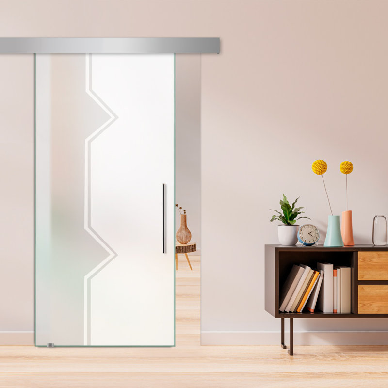 Porte de grange coulissante en verre sans cadre avec design moderne sablé + ensemble de quincaillerie (double-privée), Blanc