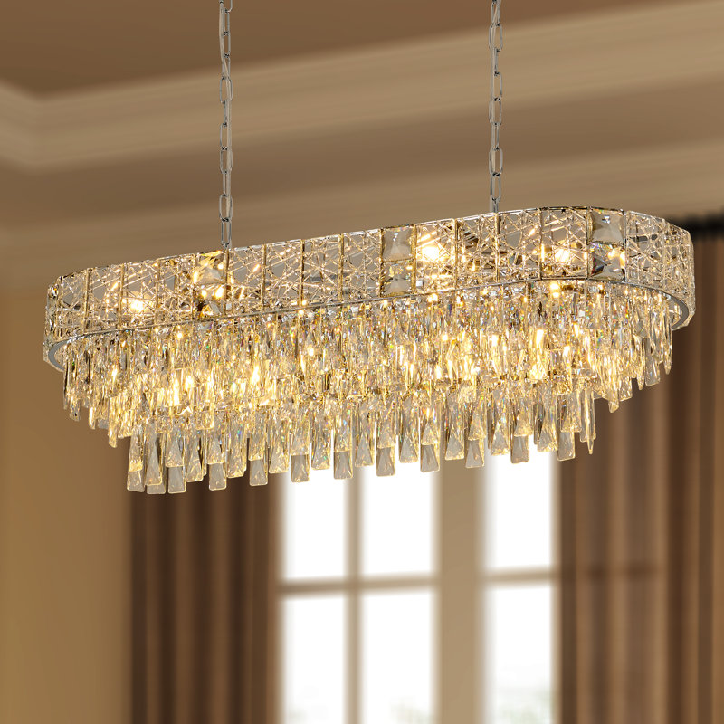 Lustre moderne 12 lumières en cristal ovale doré craquelé, diamètre 40 x 14,2 pouces, réglable en hauteur
