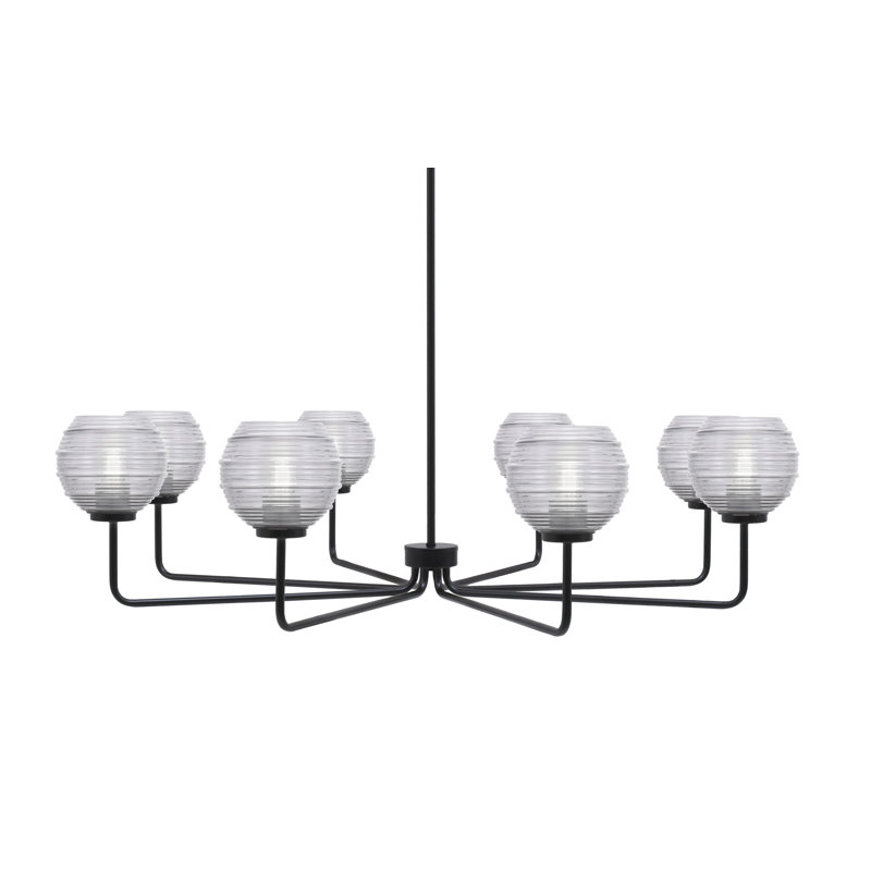 Lustre 8 lumières Amarmula, finition noir mat, verre côtelé transparent de 6 po, Clair, Noir