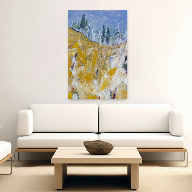 Golden Peaks Winter Night, abstrait géométrique contemporain, forêt de pin, art mural, H 60 po x l 40 po