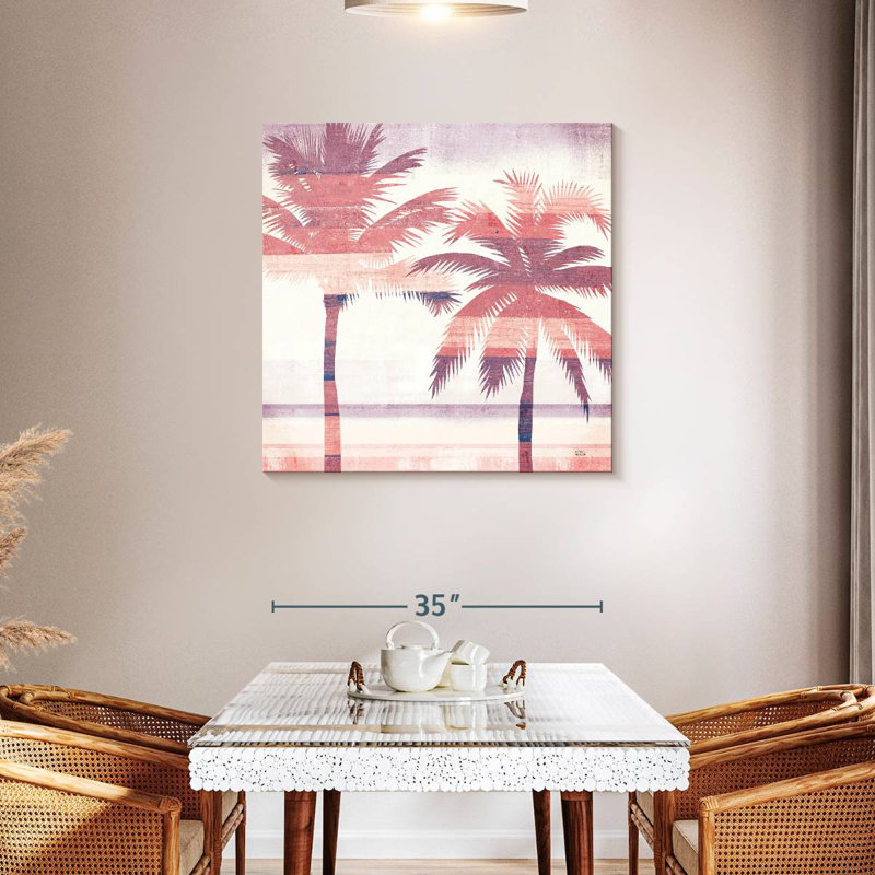 Harnek, paysage de plage, palmiers, rose, mauve, H 36 po x l 36 po