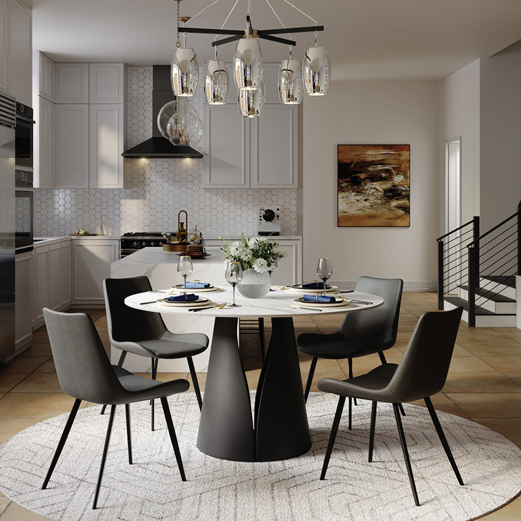 Modern Dining Room Sets, Pre-Assembly Round Dining Table Sets, Sintered Stone Tabletop Kitchen Dining Table Set With PU Upholstered Chairs