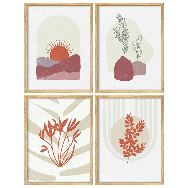 Boho, soleil et plante, œuvre d'art moderne minimaliste, décoration murale, Noir, H 14 po x l 11 po