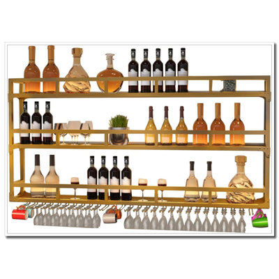 3In Gold LED Wall Mounted Wine Rack With Glass Holder Floating Bar Shelf For Home Cafe