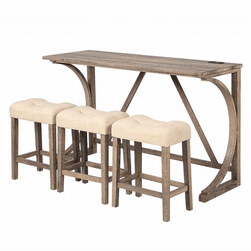 4-piece Bar Table Set With USB Ports and 3 Padded Stools, Brown