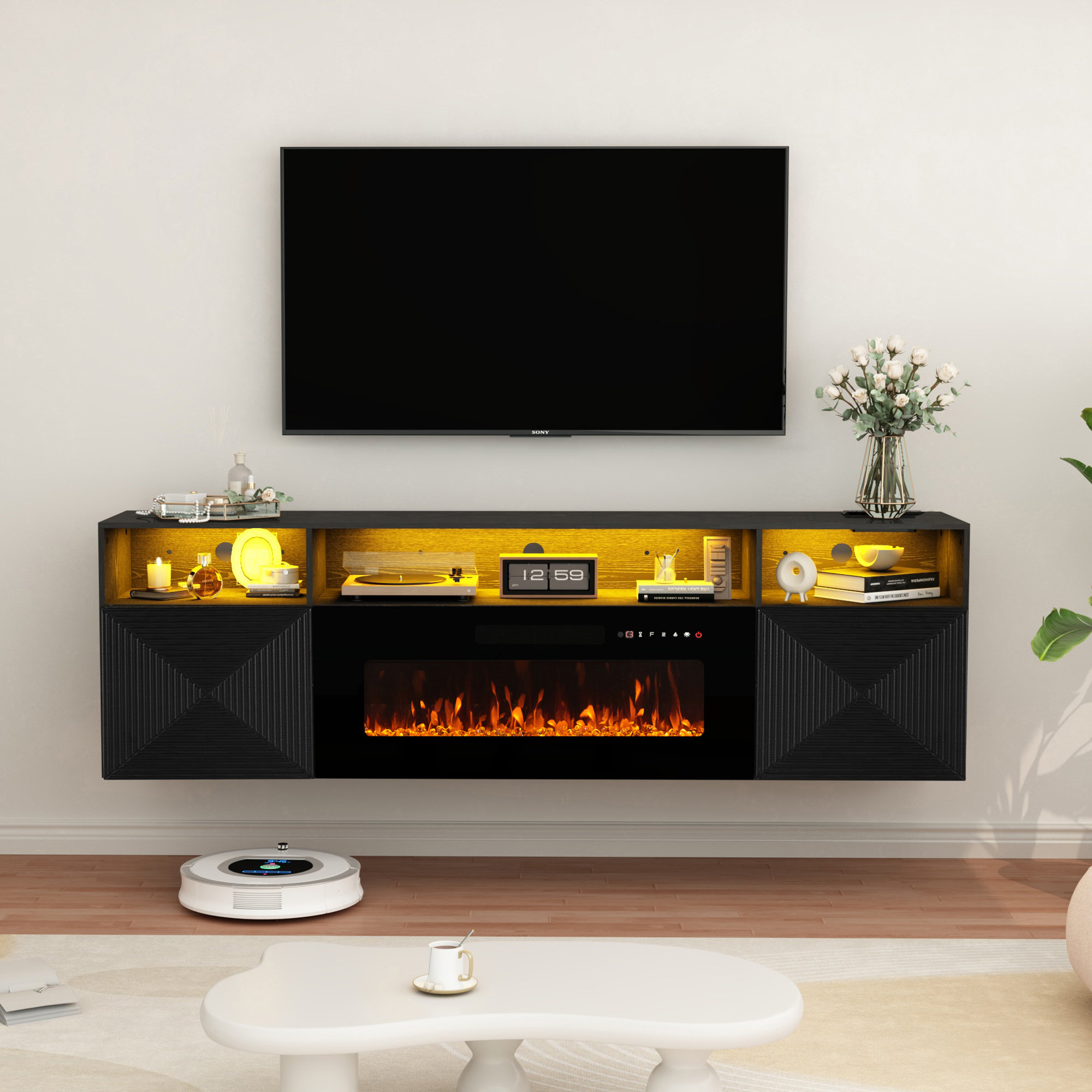 Curated visual reference: Ebern Designs 71 Floating TV Stand With 36 Electric Fireplace Photo Inspiration