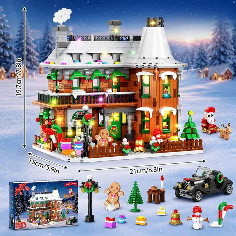 2026 Gingerbread House Advent Calendar, 1794 Pieces, 24-Day Christmas Countdown Building Set with LED Lights, Christmas Village