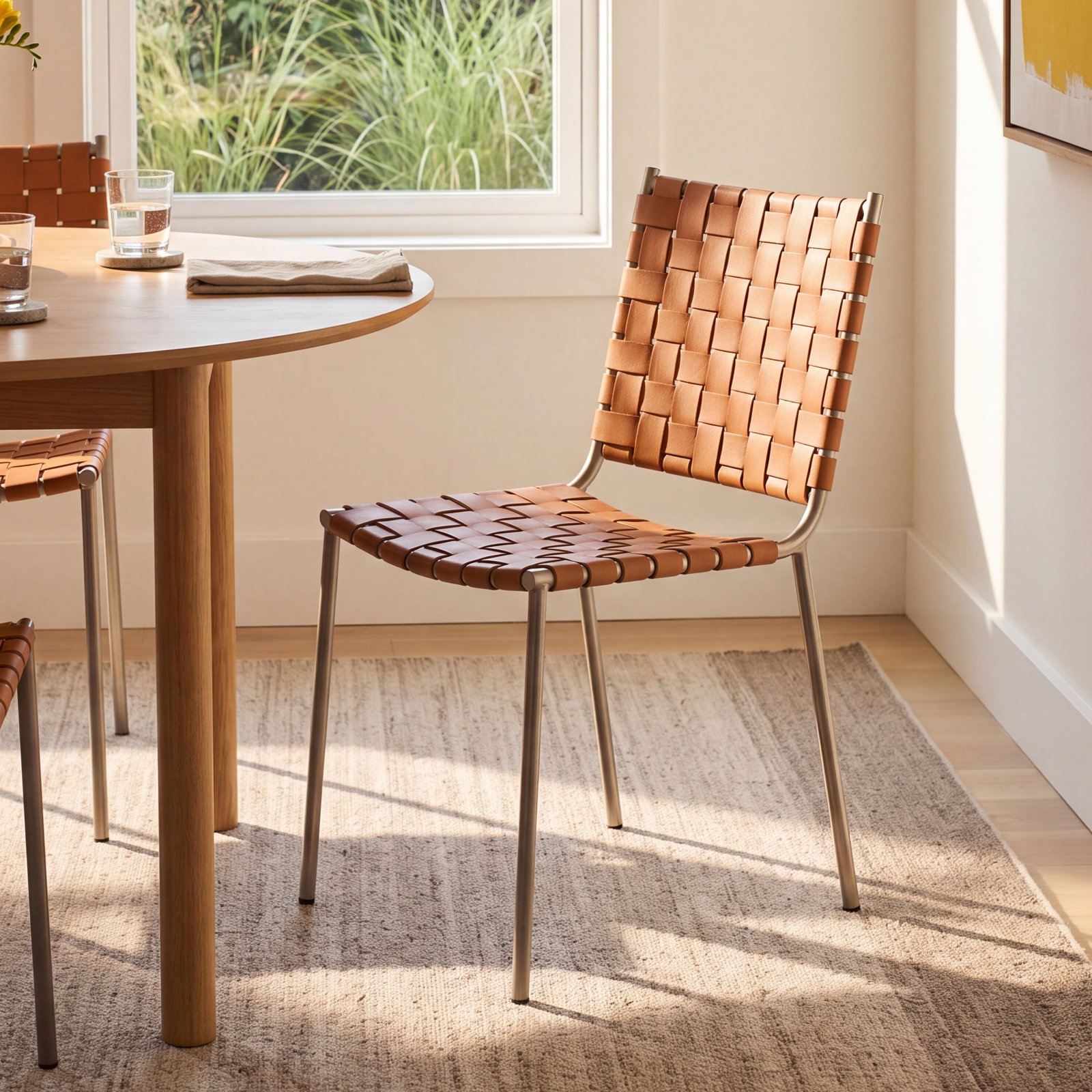 Ryland Dining Armchair, Cognac Genuine Leather, Silver