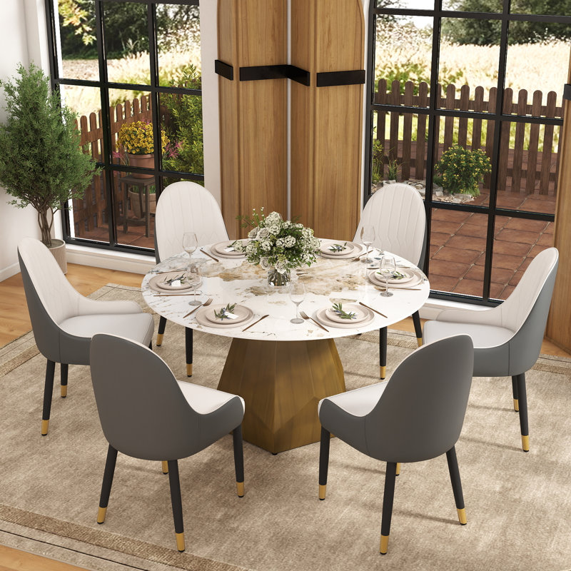 7 - Piece Stone Top Pedestal Dining Set, 29.53"H x 53.15"L x 53.15"W, Pandora