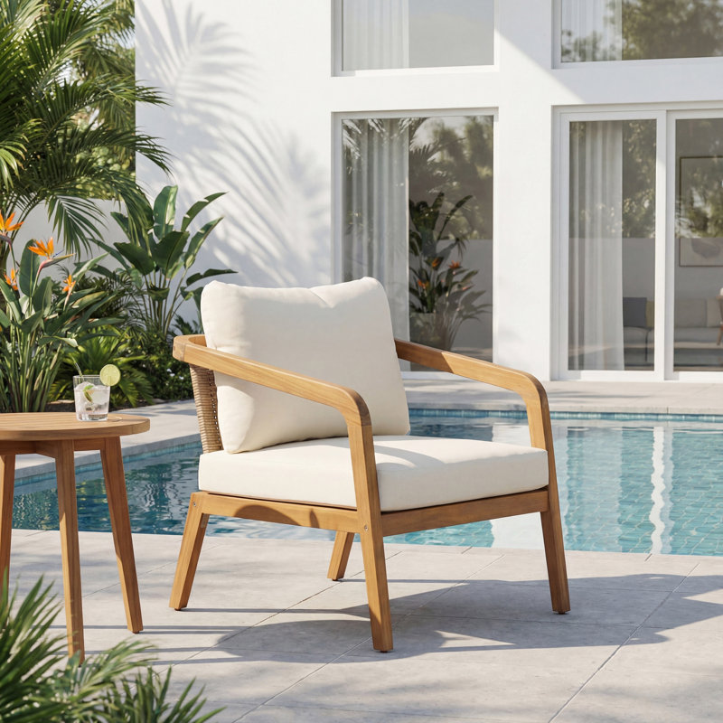 Fauteuil club d'extérieur en bois d'acacia avec dossier et coussins en osier PE