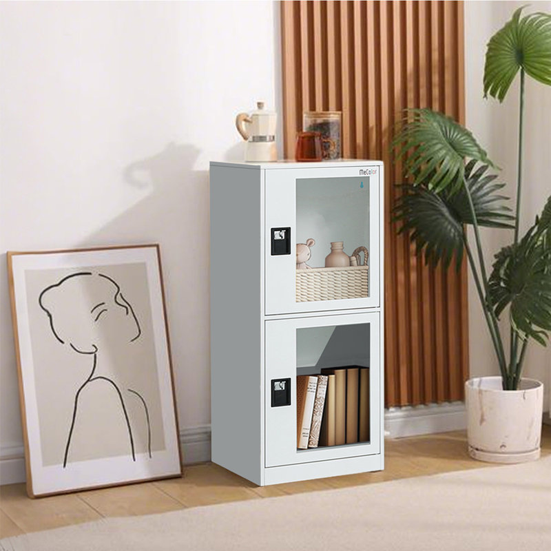 Small Locker Cabinets With Lock Latch And Transparent Door, White Nightstand
