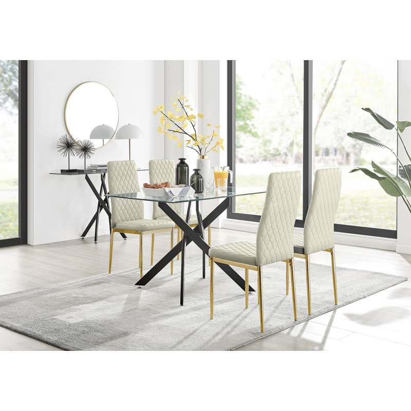 Lenworth Glass Rectangular Dining Table Set with 4 Quilted Velvet Dining Chairs, Gold, Cream