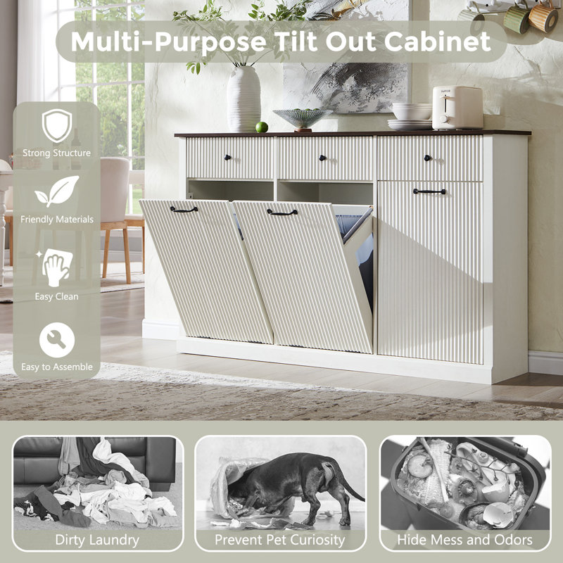 Modern Tilt-out Triple Laundry Hamper Cabinet with 3 Drawers,20 Gallon Fluted Laundry Storage Basket for Bathroom (Includes 2pc laundry basket),White