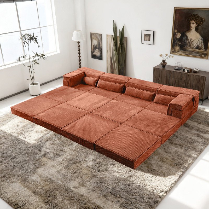 Canapé-lit modulaire convertible surdimensionné à 4 places avec 2 repose-pieds, Tissu orange