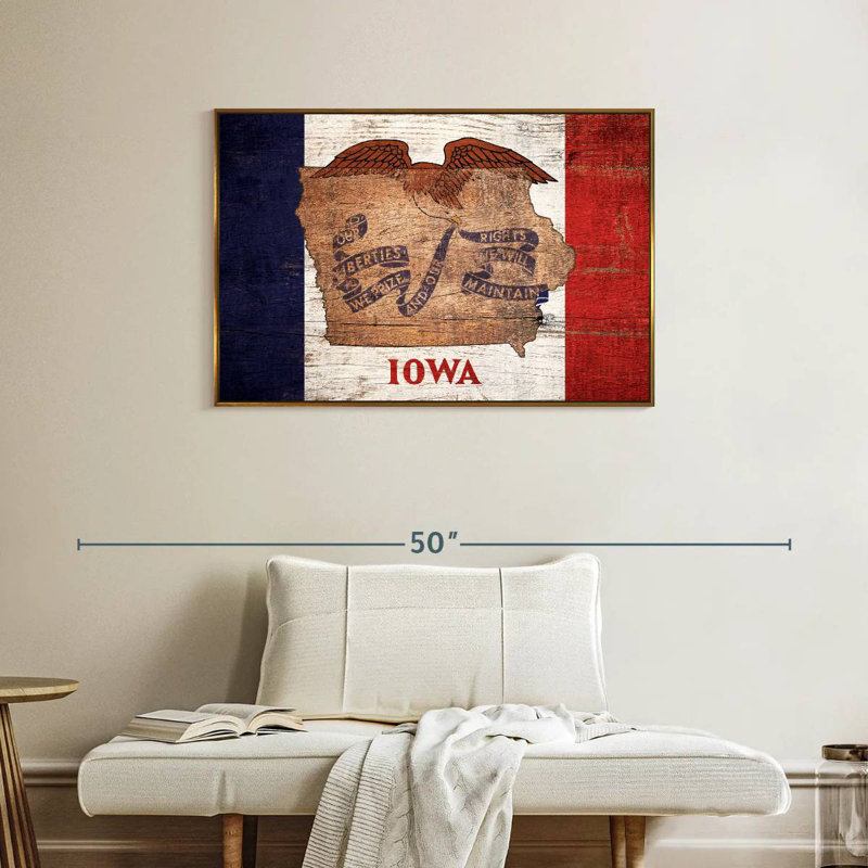 Carte d'État sur le drapeau de l'Iowa, Cadre flottant doré, 37 po x 25 po
