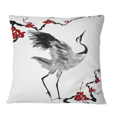 Oiseau grue japonais avec fleurs de prune stylisées - coussin décoratif traditionnel