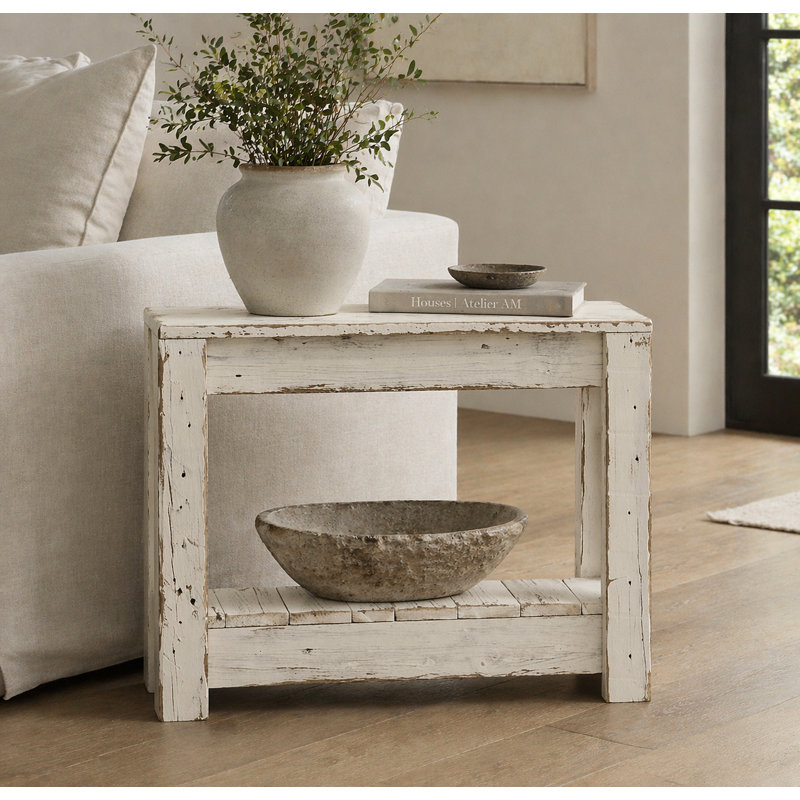 26" Reclaimed Wood Accent Table | Narrow End Table | Solid Wood Side Table (White), White