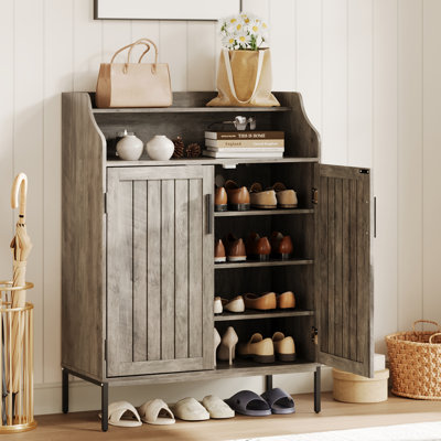 5-Tier Wooden Shoe Storage Cabinet with 2 Doors & 3 Adjustable Shelves - Tall Entryway Organizer for Hallway, Closet, Living Room, Small Spaces - Modern Shoe Rack Furniture - Gray