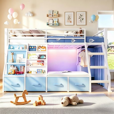 Low Loft Bed Full with Built-in Cushioned Seat & LED Reading Corner & 7 Storage Drawers & Bookshelves Metal Under-bed Play House Captain Bed with Curtain