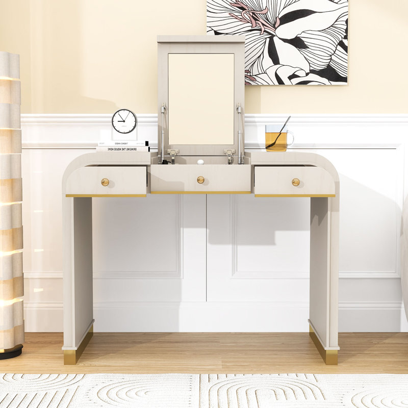 Bureau de coiffeuse classique en bois avec miroir rabattable, rangement caché et 2 tiroirs, Champagne