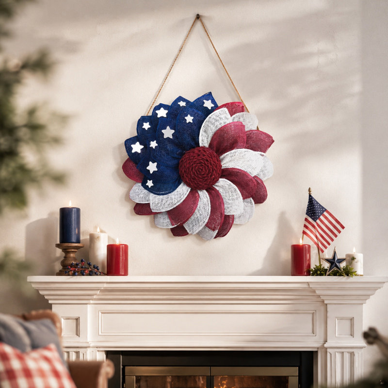 Pendentif couronne en bois Jour de l'Independance - Rouge, blanc et bleu