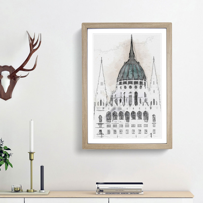 Parliament Building in Budapest in Abstract - Picture Frame Graphic Art Print, 87cm H x 62cm W x 2cm D, Oak Framed