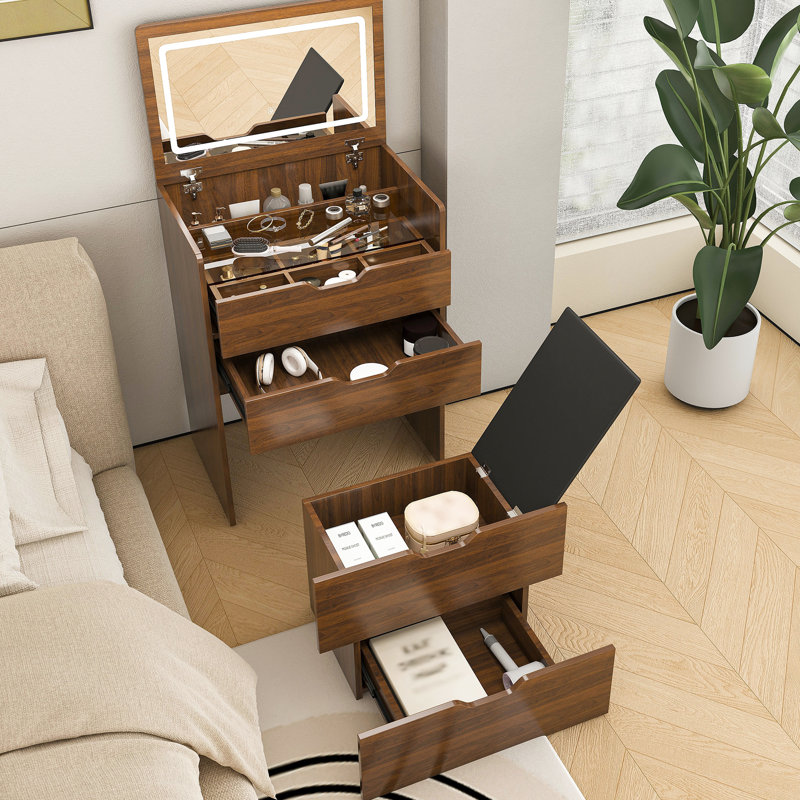 Bureau de coiffeuse rabattable avec éclairage DEL à 3 températures, miroir incassable, rangement dissimulé pour les soins de la peau, tabouret confortable, coiffeuse compacte en noyer, assemblage rapide, finition