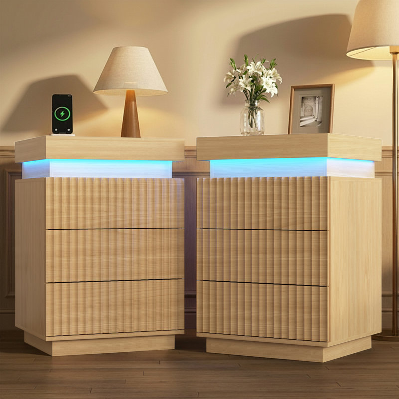 3-drawer Nightstand With Charging Station & Adjustable Led Lights, Set Of 2, Yellow