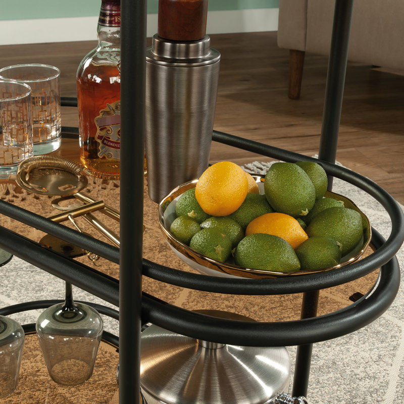 Chariot-bar noir avec trois tablettes en verre ambré, pour la cuisine, la salle à manger ou l'artisanat, cadre thermolaqué, roues lisses, installation simple