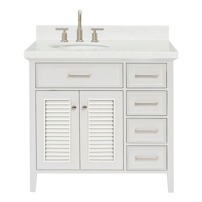 Ariel Kensington Left Offset Rectangle Single Sink Vanity, Carrara White Quartz, White, 36.25"