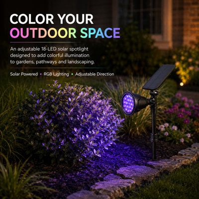 Solar RGB LED Outdoor Landscape Spotlight with Ground Stake, 18 LEDs, Black