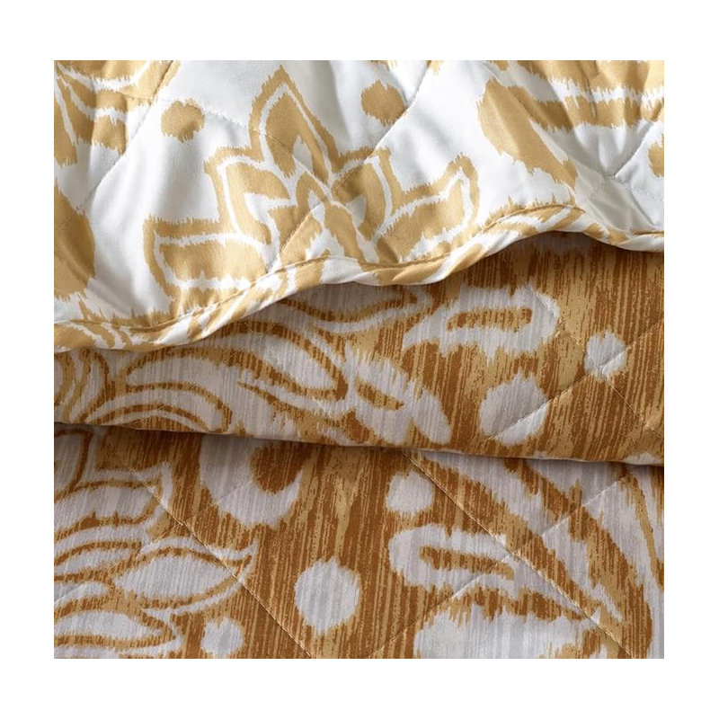 Andrena Microfiber Bedspread with Pillow Shams, Gold, Damask, Super King Bedspread + 2 Standard Pillow Shams