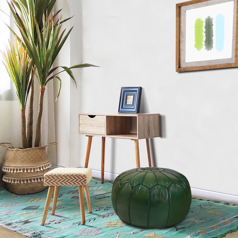 Burmaster Upholstered Pouf, Dark Green Genuine Leather