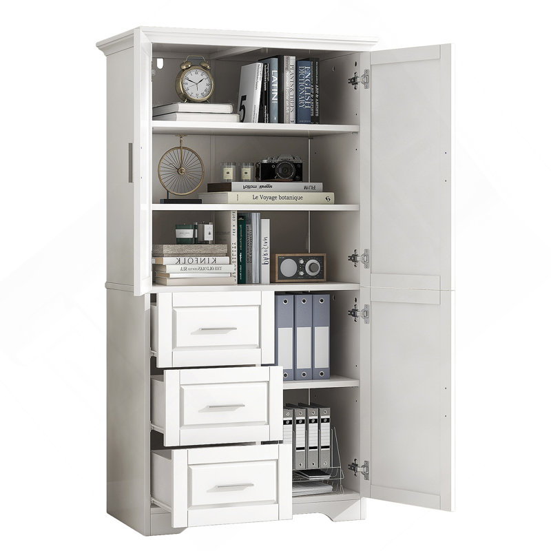 Storage Cabinet With Doors And Three Drawers For Bathroom, White