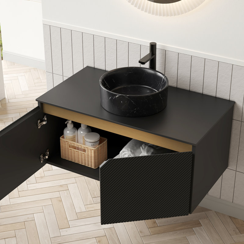 Meuble-lavabo flottant 36 po, lavabo en céramique noire, motif en pierre, plateau fritté et armoire en sergé