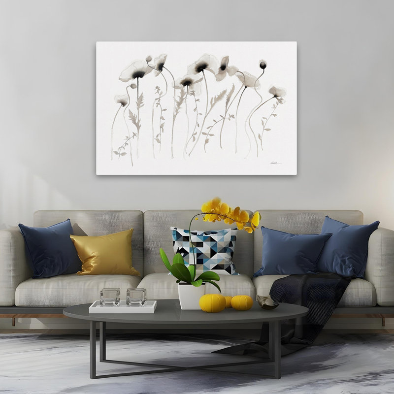 Coquelicots contemporain floral gris blanc Coquelicot gris, H 60 po x l 40 po