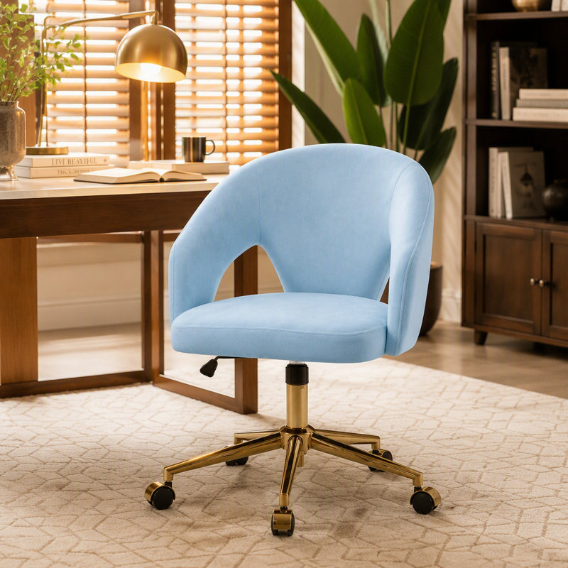 Chaise de bureau ajustable, pour la maison ou la chambre, chaise pivotante ergonomique, dossier inclinable, confortable pour une utilisation prolongée, base dorée, bleue