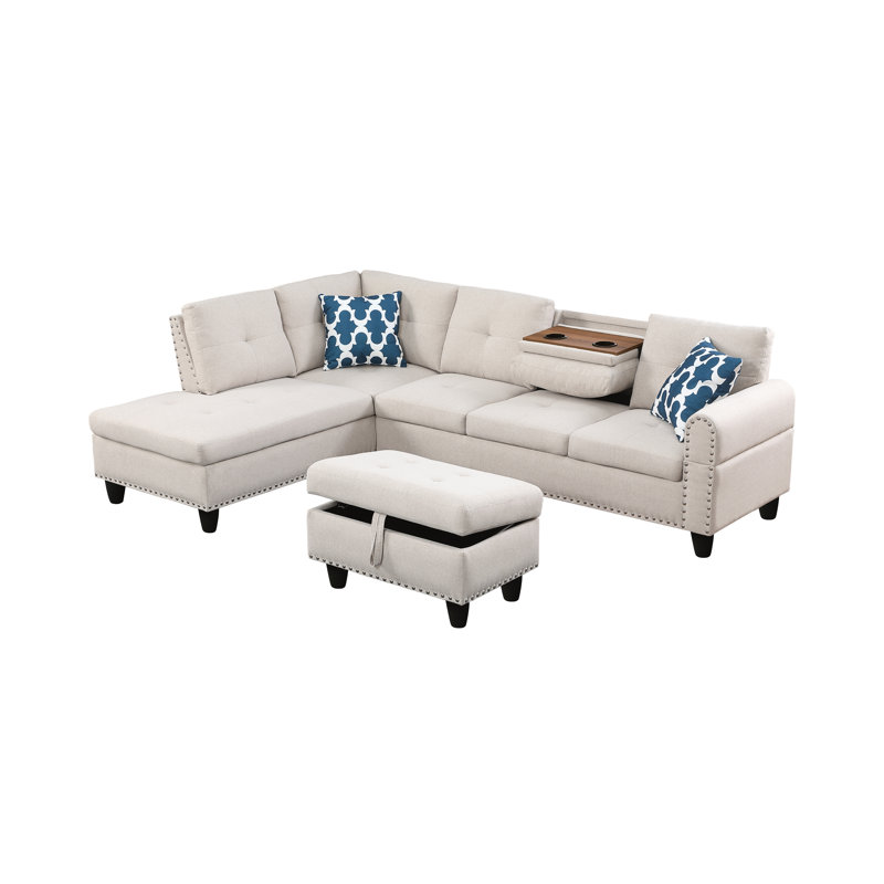 98" L-Shaped Sectional Sofa With Storage Ottoman,Modern 4-Seat Couch With 2 Built-In Cup Holders,Nailhead Trim,And 2 Toss Pillows