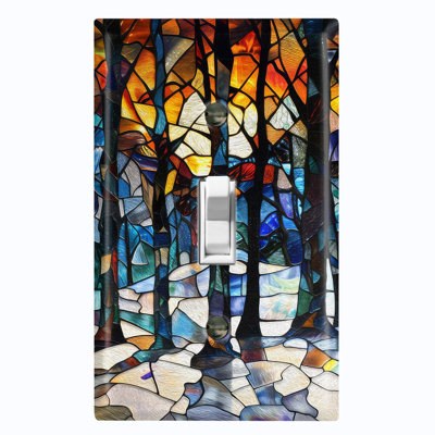 Metal Light Switch Plate Cover; US Standard Size 1 Gang Toggle - Printed Image of Stained Glass Sunset Forest