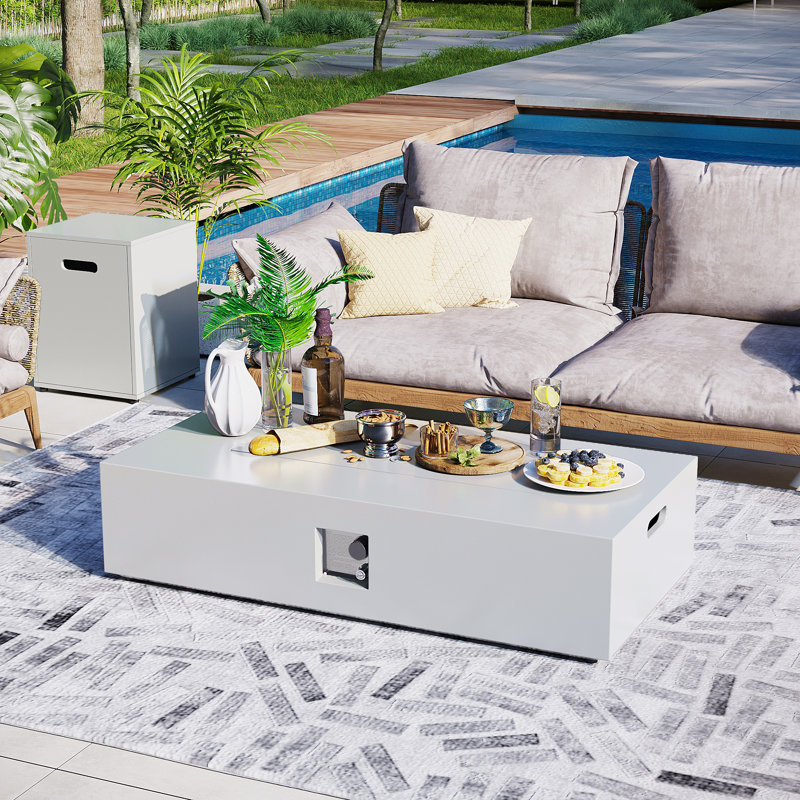 Drumawillin 42-Inch Rectangular Iron Propane Outdoor Fire Pit Table with Tank Cover, Lid, Rain Cover and Wind Guard, White