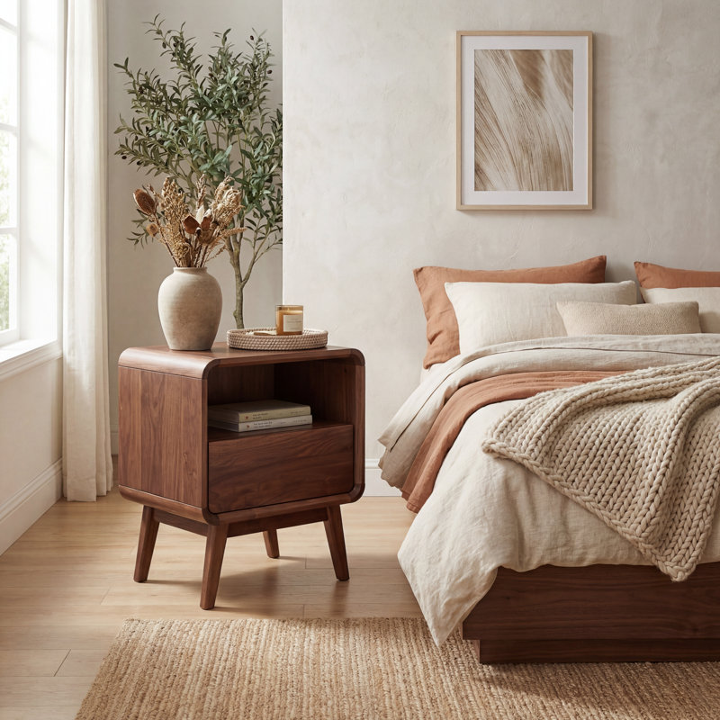 20.5"H MCM Compact Solid Wood Nightstand with Drawer & Open Shelf, American Walnut, Individual