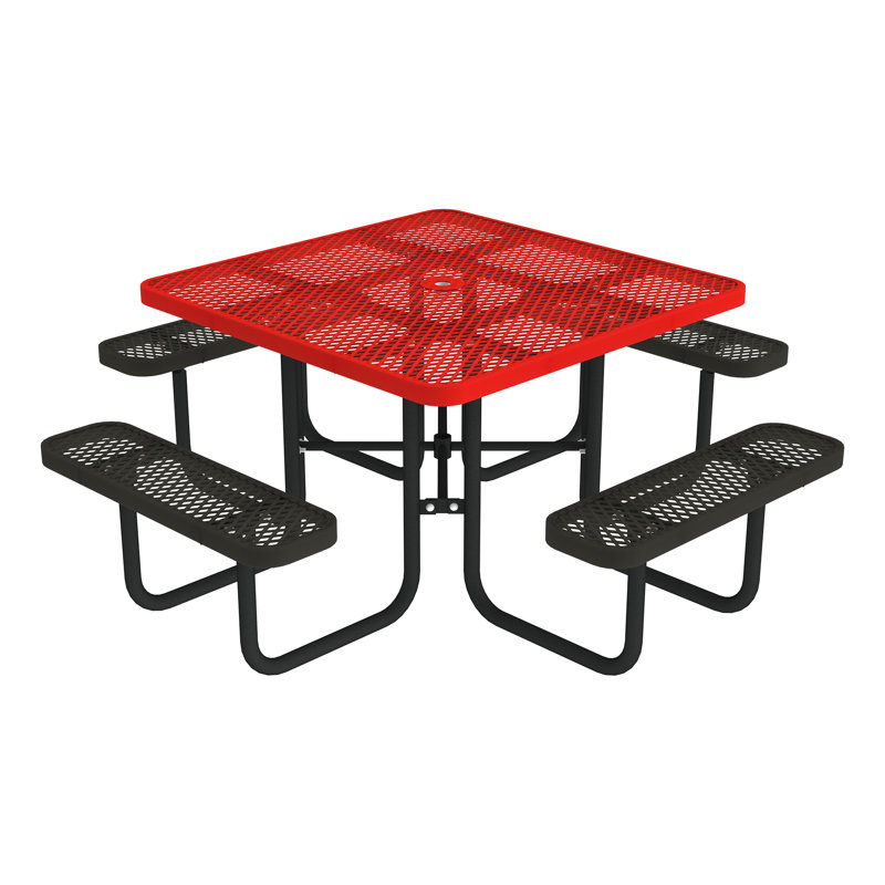 Open Air Series Square Picnic Table with Benches, Umbrella Hole, and Surface Mount, Rouge / noir
