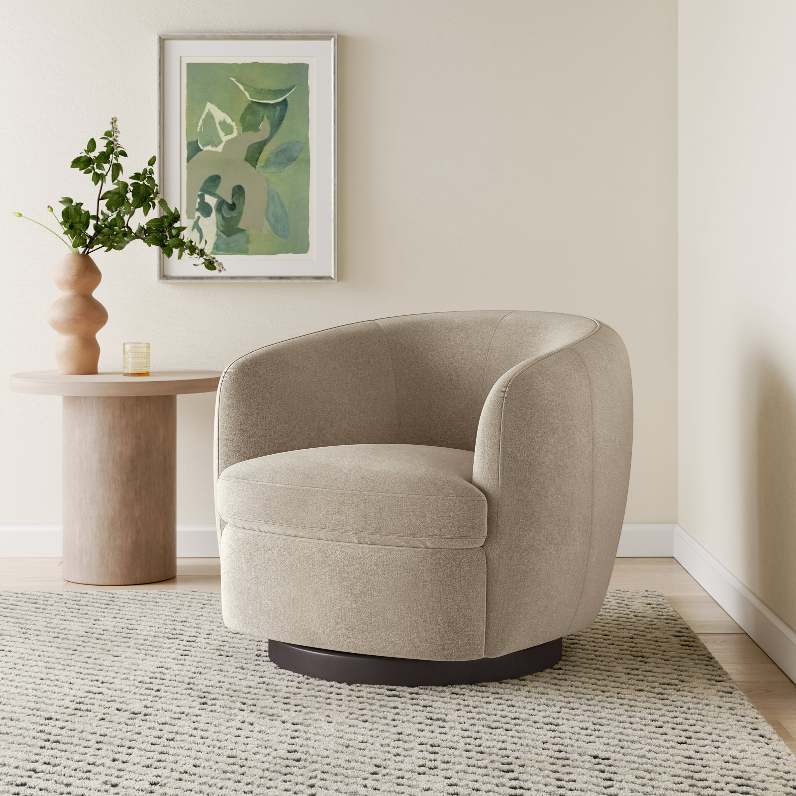 Marcy Upholstered Swivel Barrel Chair, Capri Wicker Chenille/Black