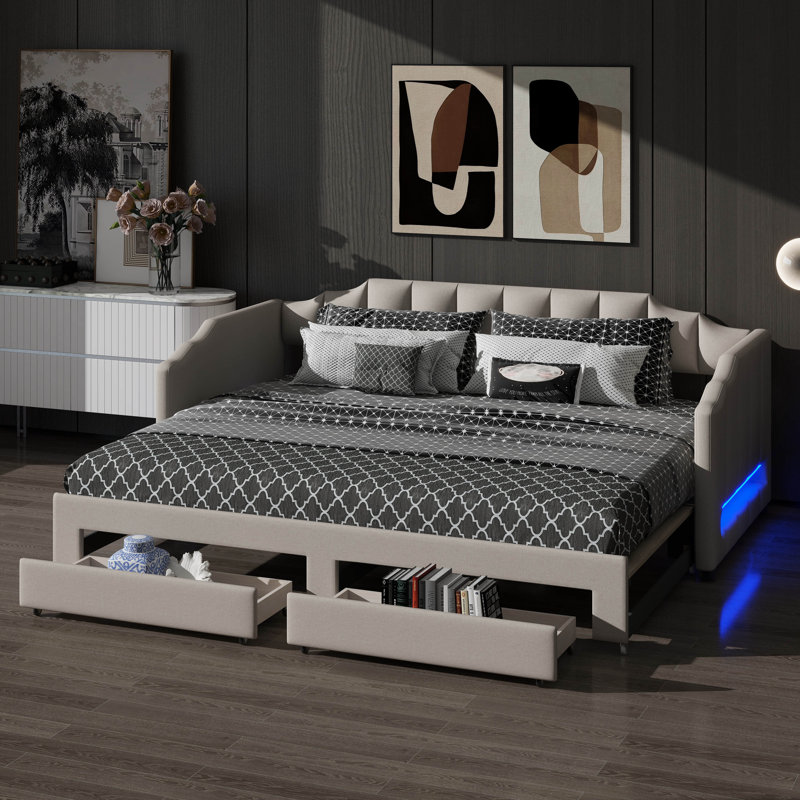 Twin XL Upholstered Daybed With Dual Storage & LED, Solid Wood Expandable Bed With Ergonomic Backrest, Convertible Twin XL To King